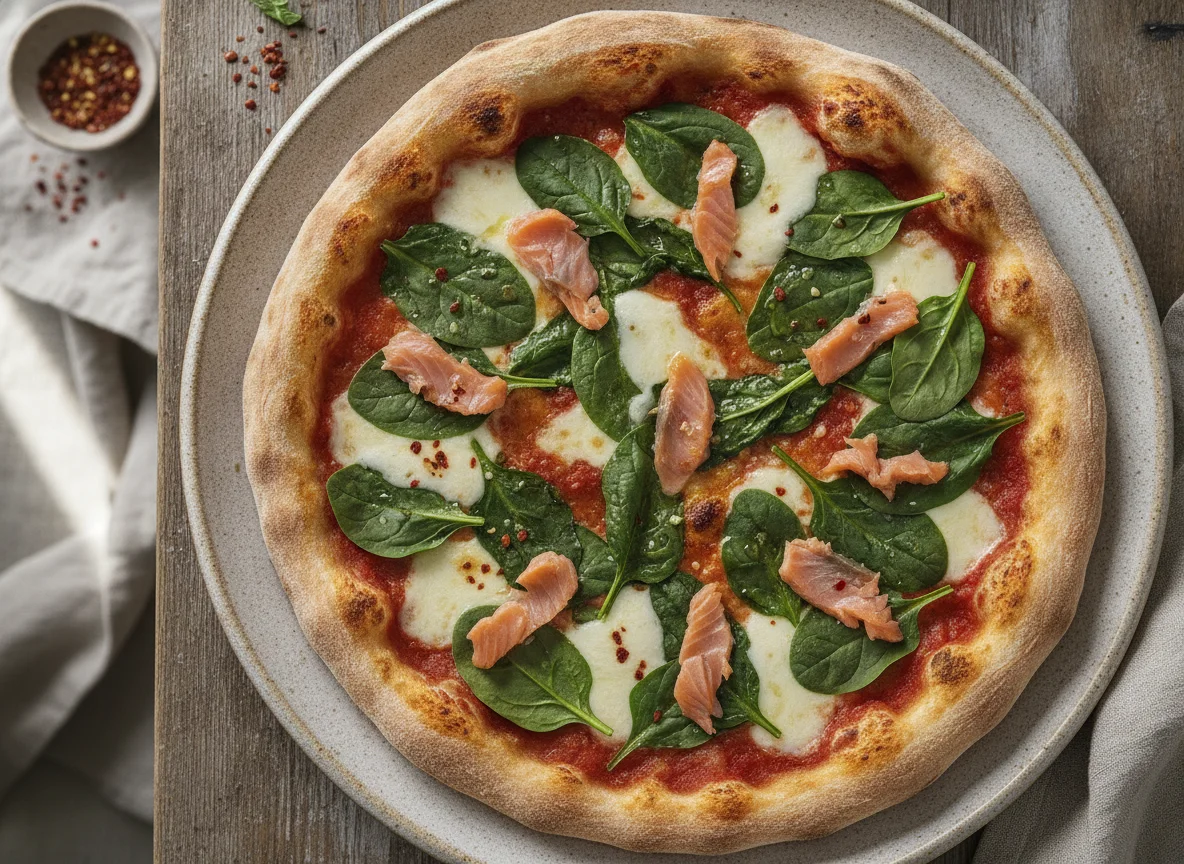 Pizza mit Spinat und Lachs photo