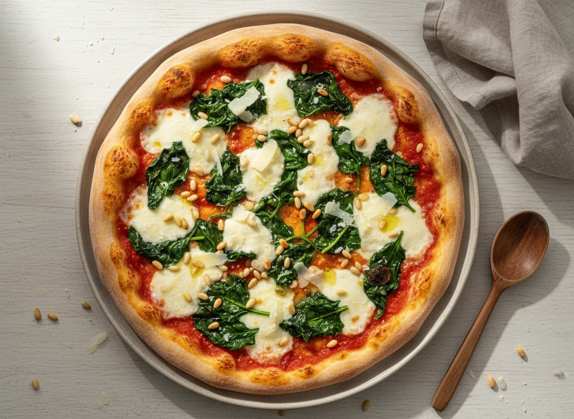 Pizza mit Spinat und Pinienkernen photo