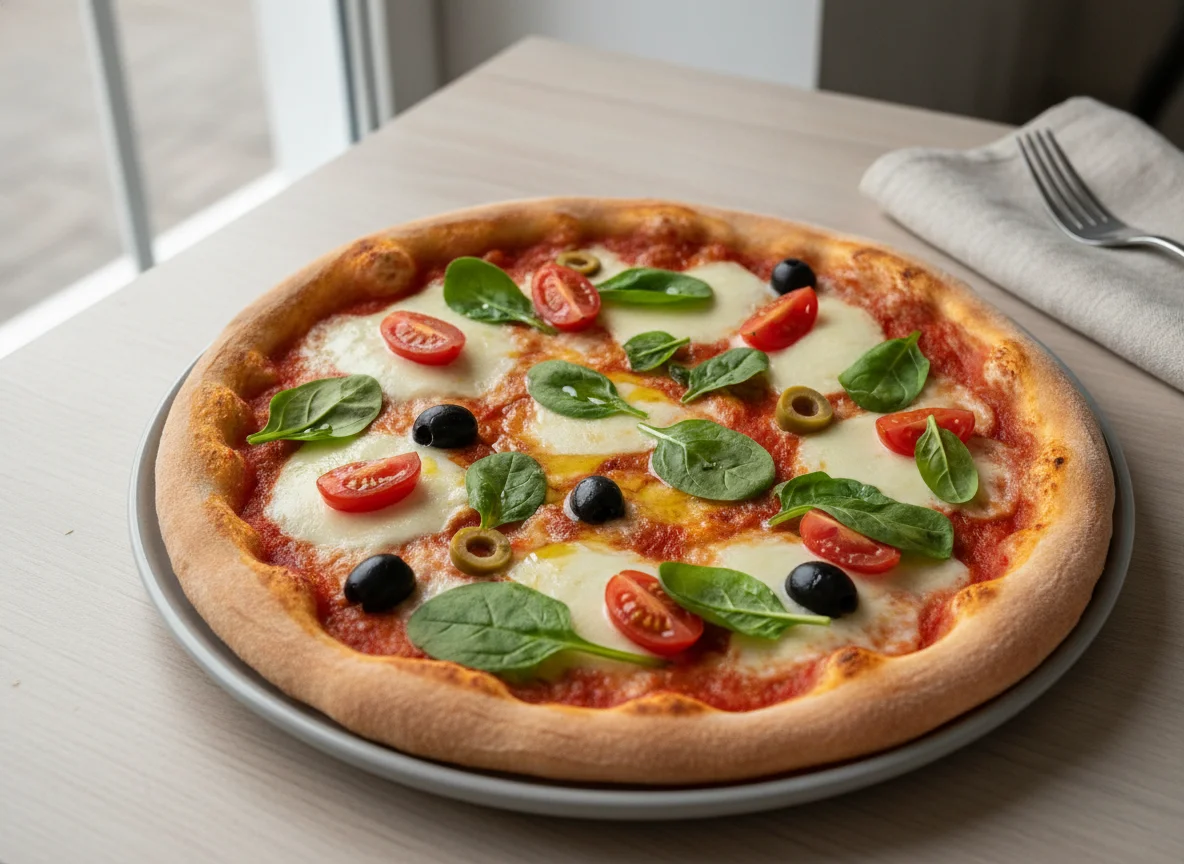 Pizza mit Spinat und Tomaten photo