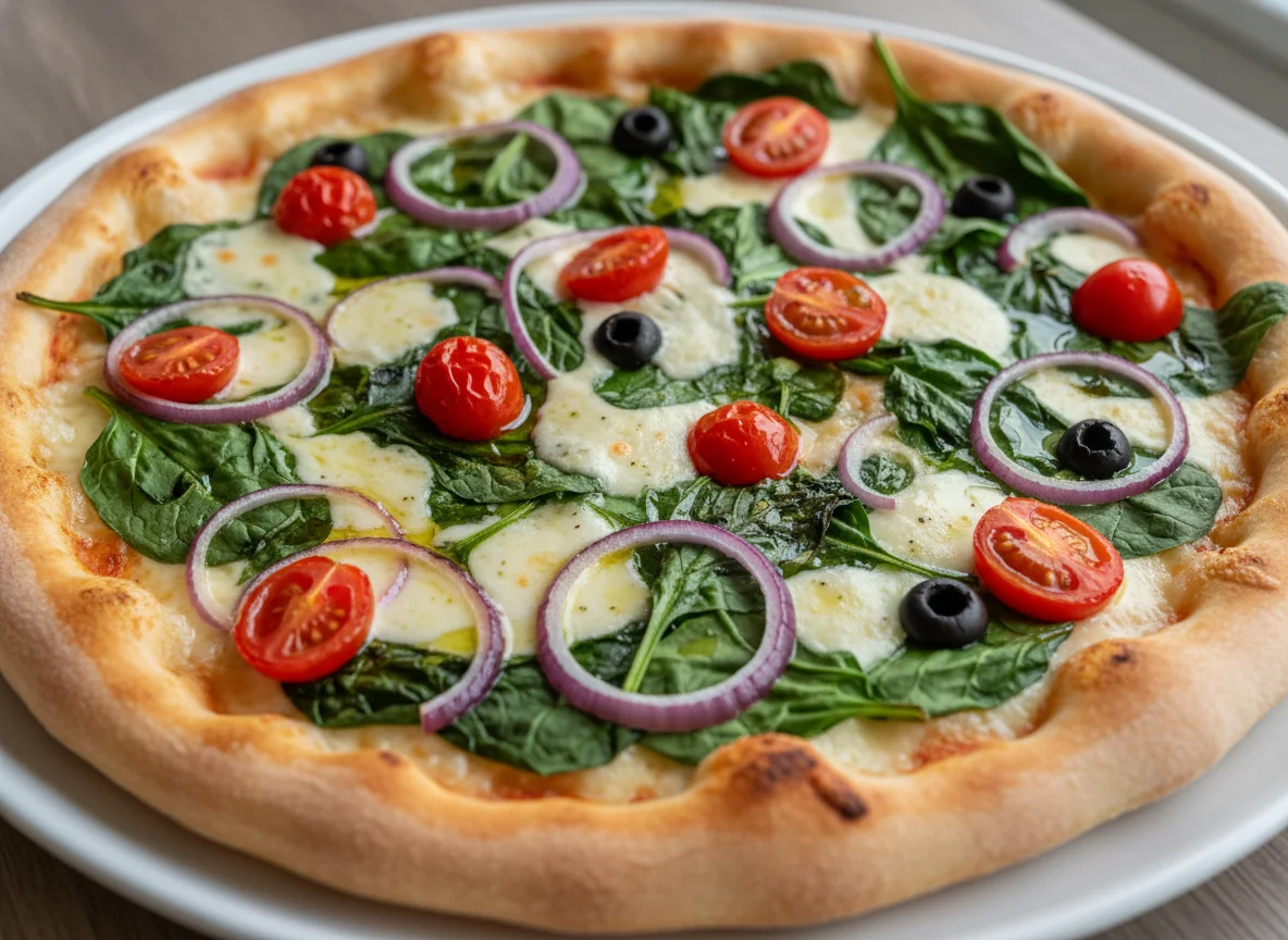 Pizza mit Spinat, Zwiebeln und Tomaten photo