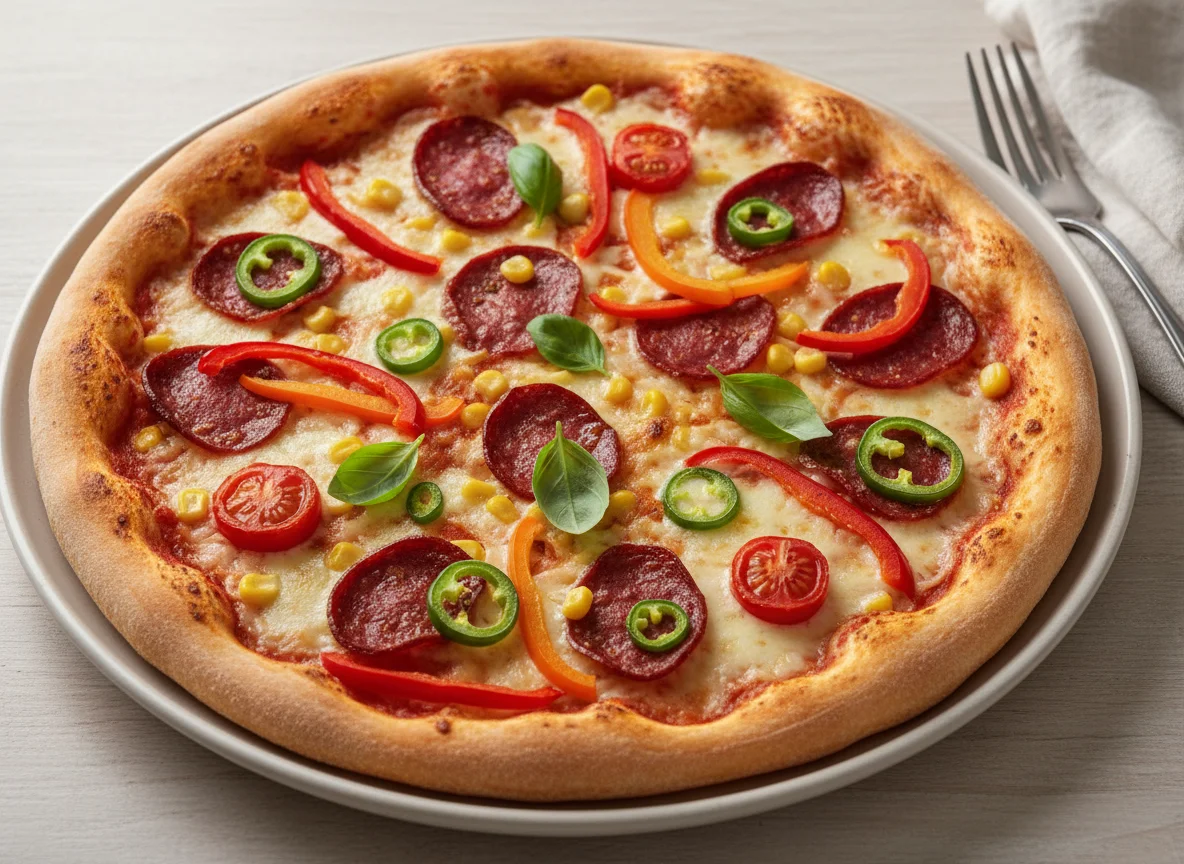 Pizza mit Sucuk, Jalapeños und Paprika photo
