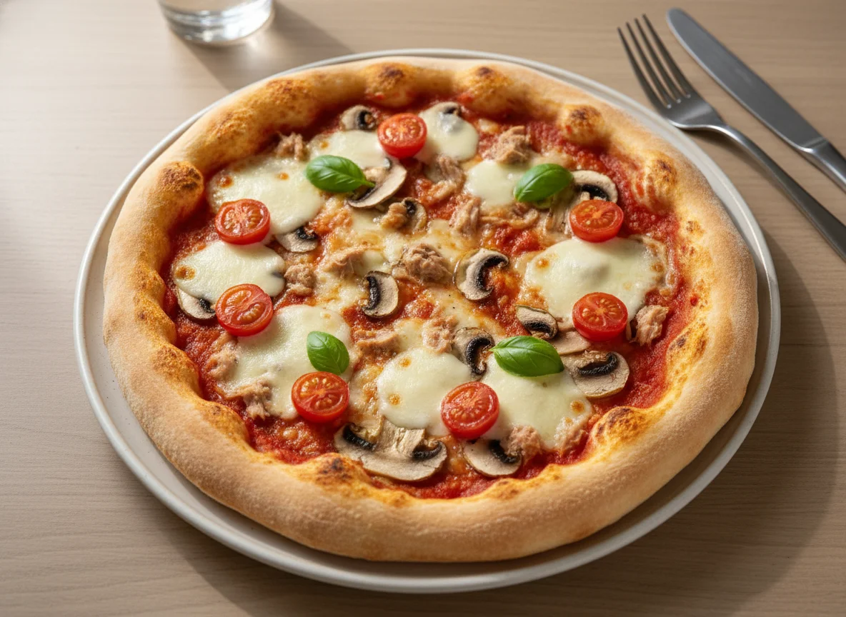 Pizza mit Thunfisch, Champignons und Tomaten photo