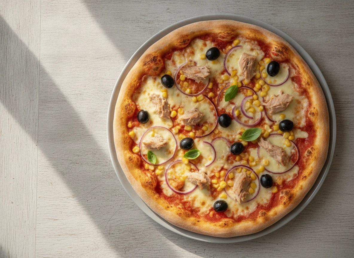 Pizza mit Thunfisch, Mais und Oliven photo