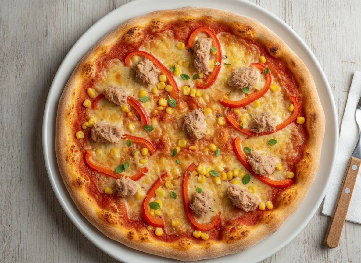 Pizza mit Thunfisch, Mais und Paprika photo