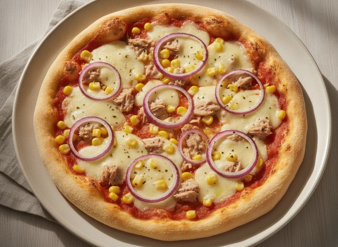 Pizza mit Thunfisch, Mais und roten Zwiebeln photo