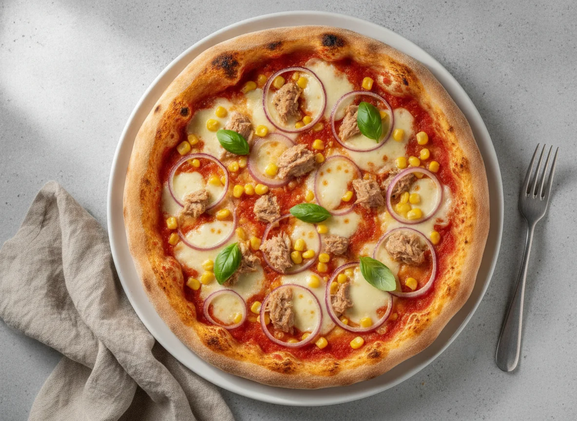 Pizza mit Thunfisch, Mais und Zwiebeln photo