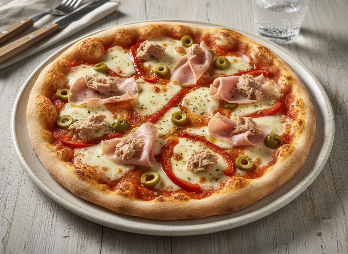 Pizza mit Thunfisch, Oliven und Peperoni photo