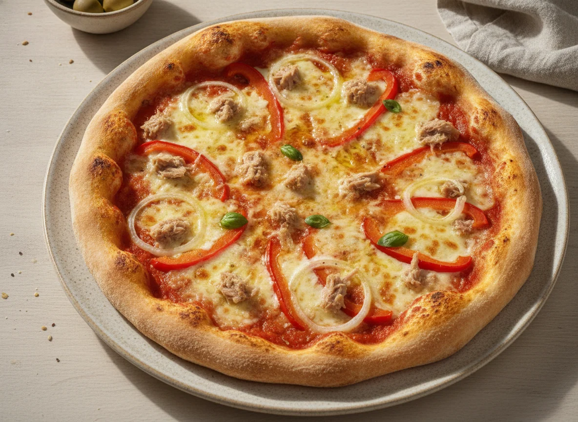 Pizza mit Thunfisch, Paprika und Zwiebeln photo