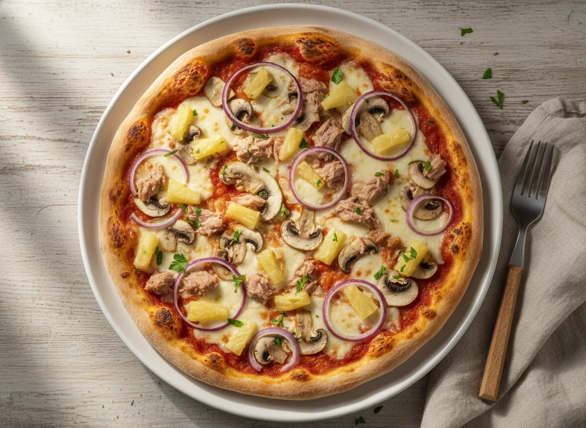 Pizza mit Thunfisch, Pilzen und Ananas photo