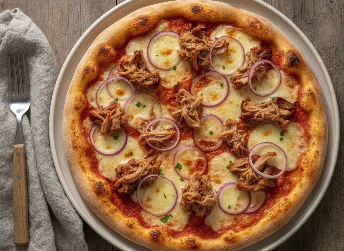 Pizza mit Thunfisch, roten Zwiebeln und Pulled Pork photo