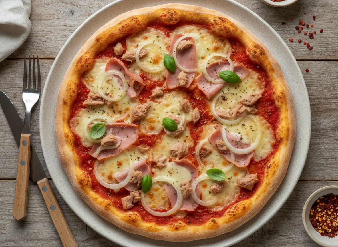 Pizza mit Thunfisch, Schinken und Zwiebeln photo