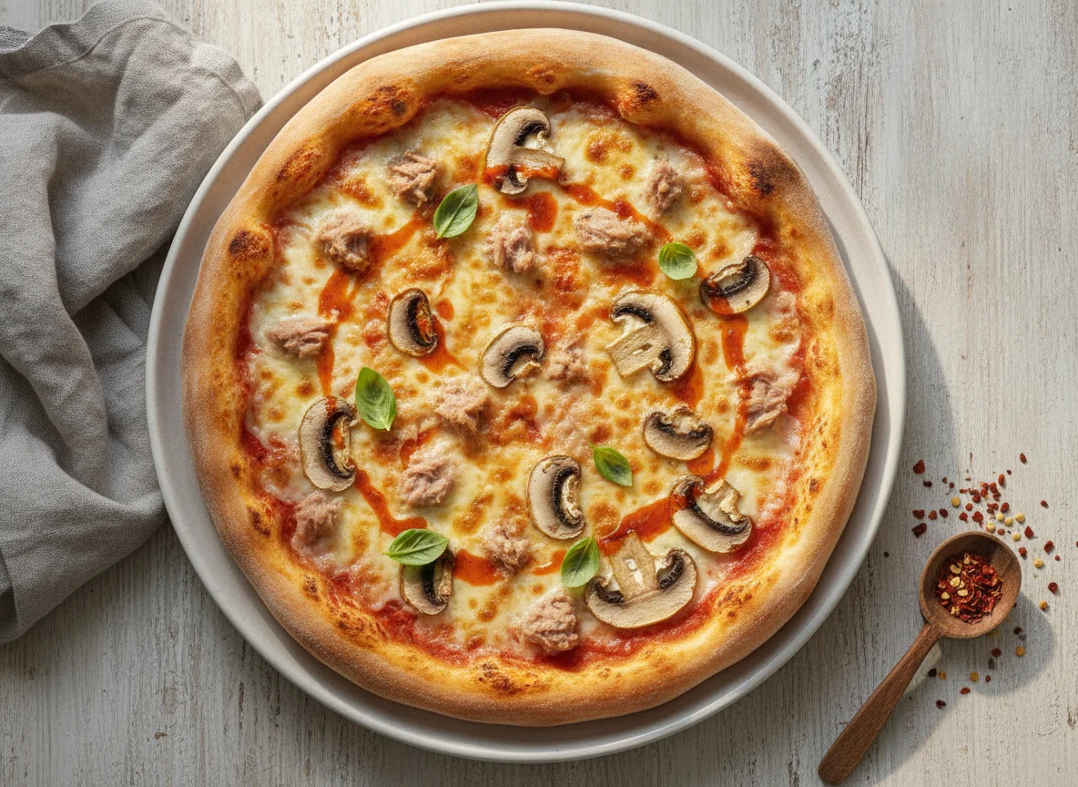 Pizza mit Thunfisch und Champignons photo