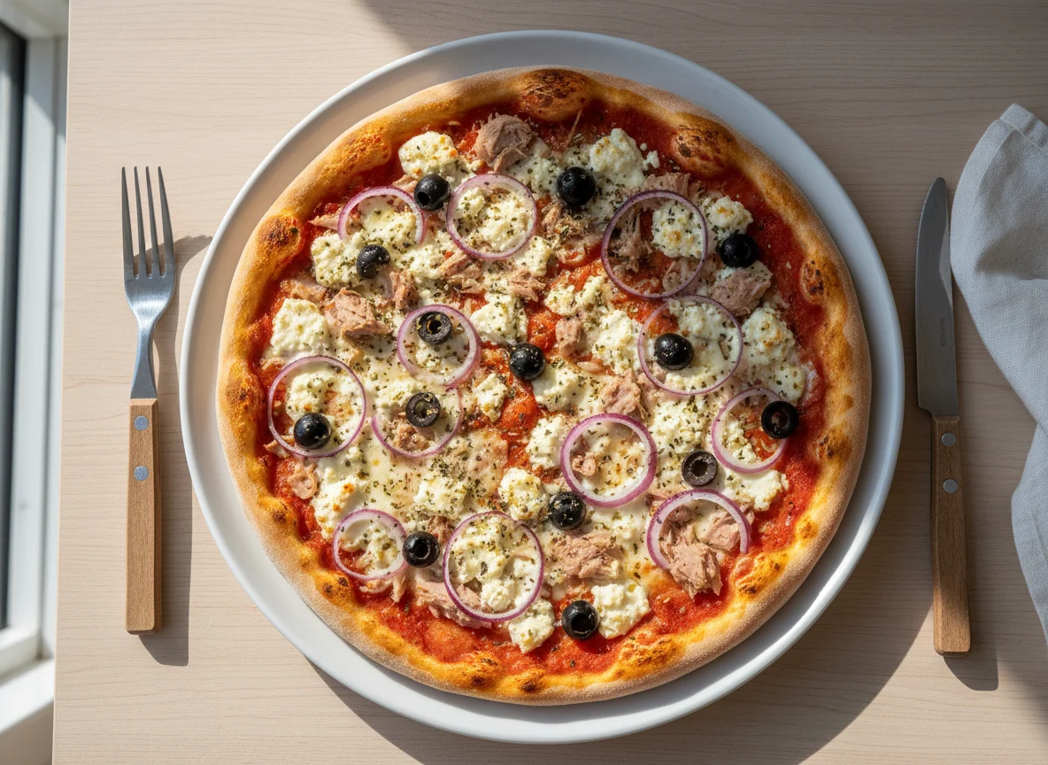Pizza mit Thunfisch und Feta photo