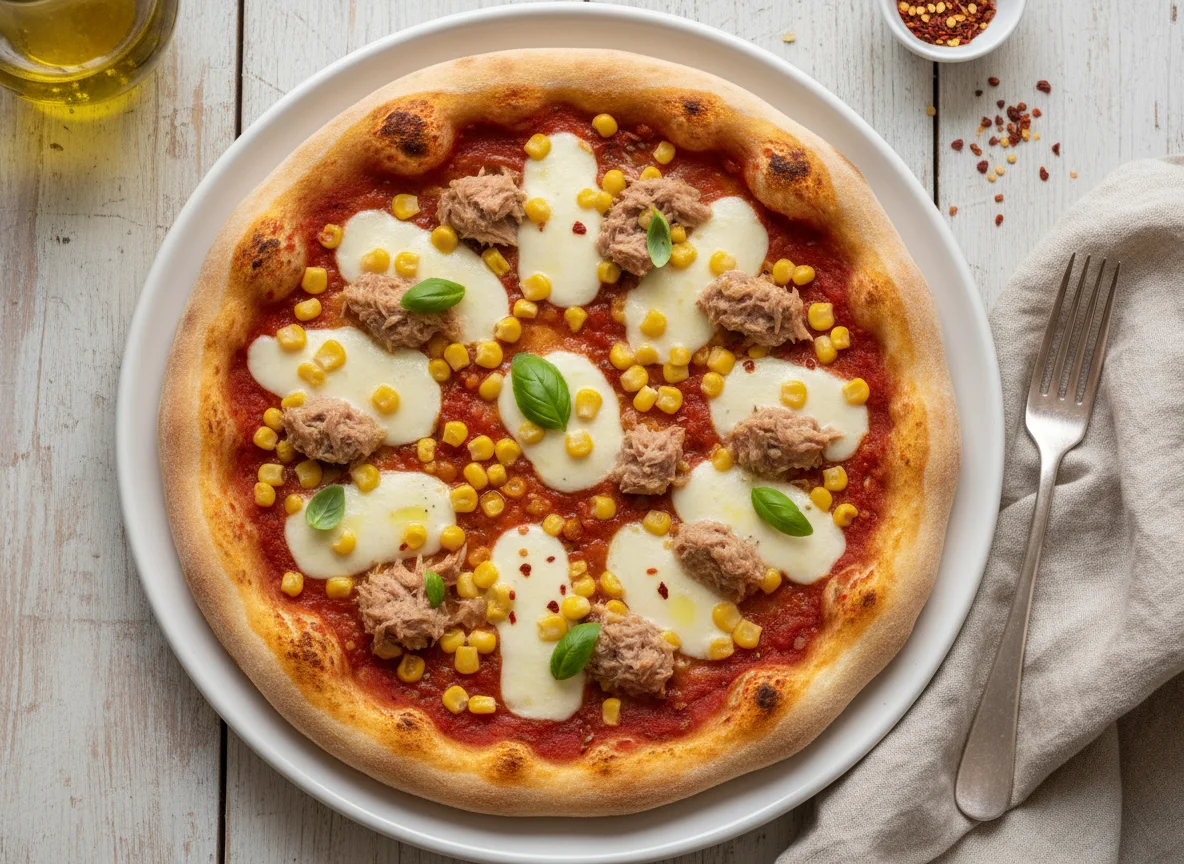 Pizza mit Thunfisch und Mais photo