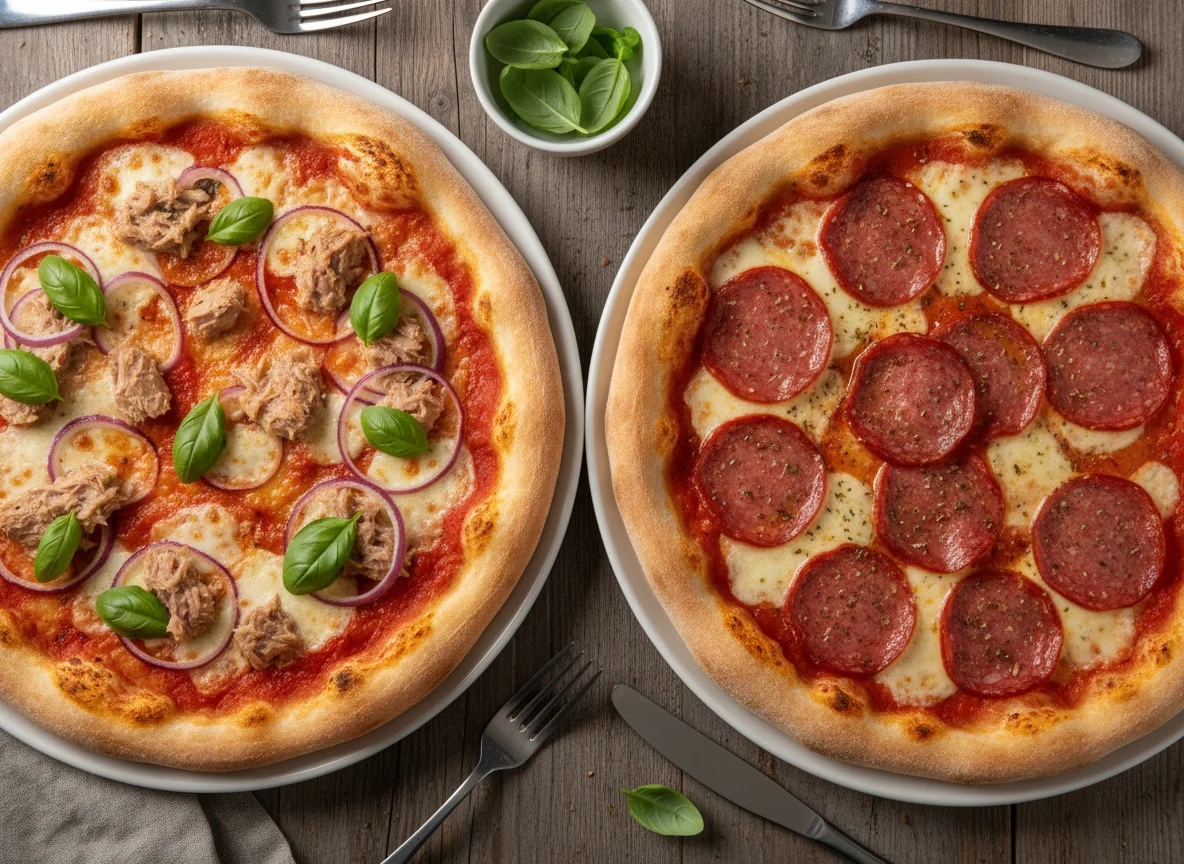 Pizza mit Thunfisch und Pizza Salami photo