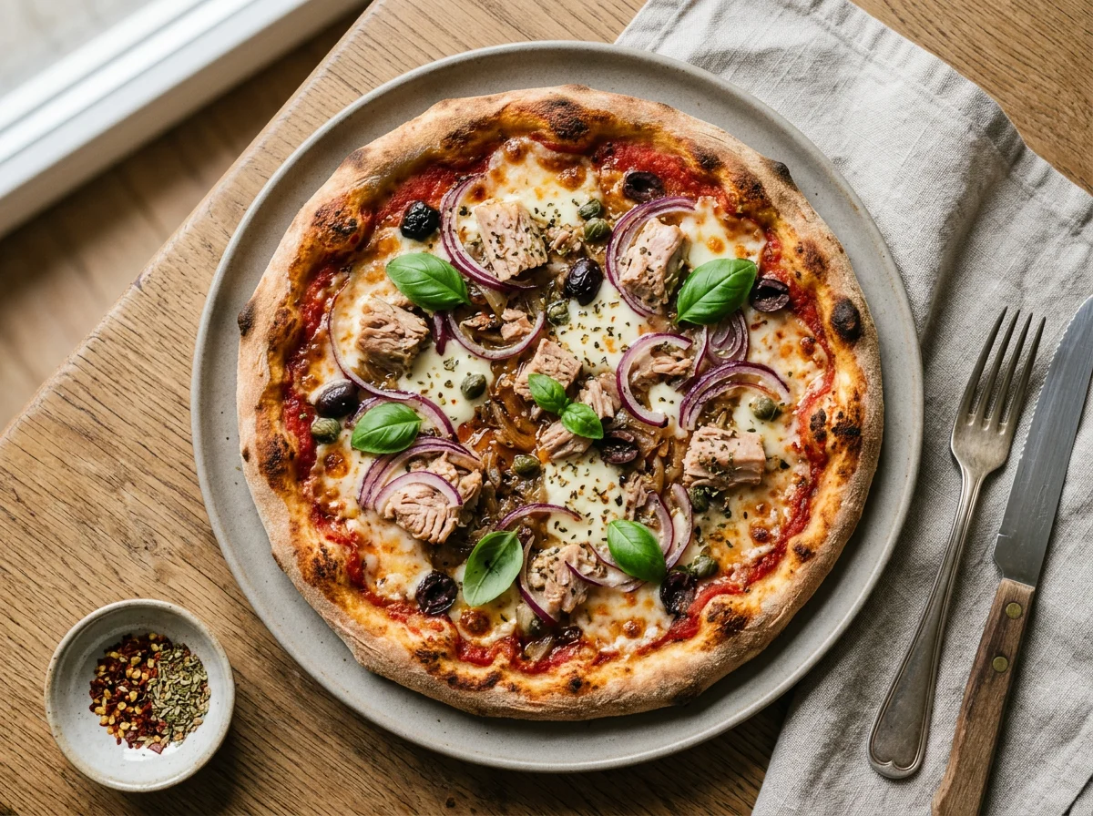 Pizza mit Thunfisch und roten Zwiebeln photo