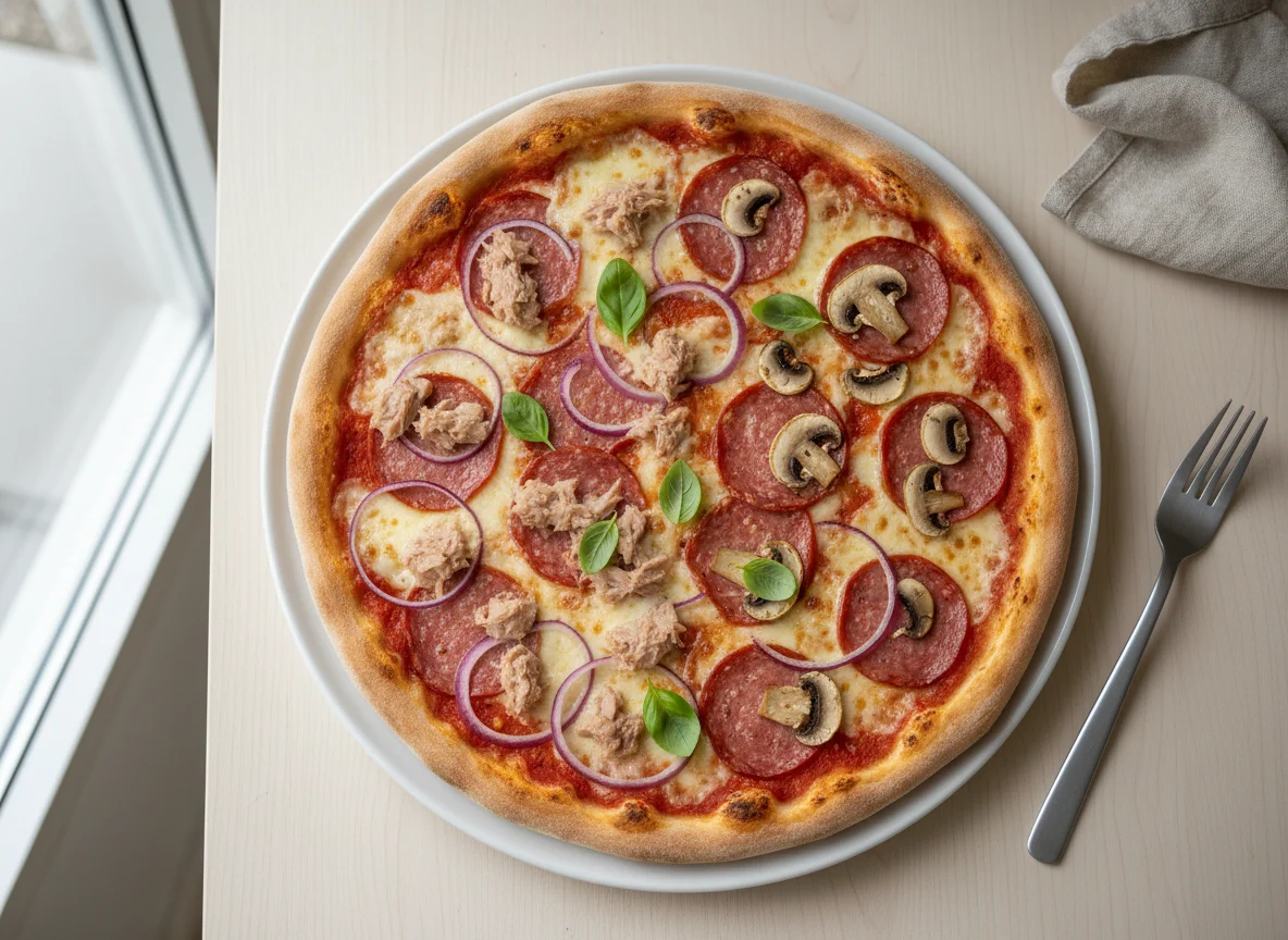 Pizza mit Thunfisch und Salami photo
