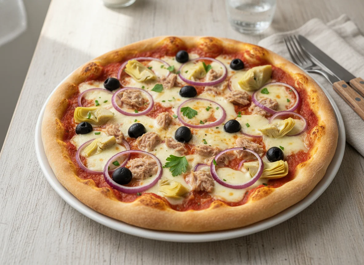 Pizza mit Thunfisch, Zwiebeln, Oliven und Artischocken photo