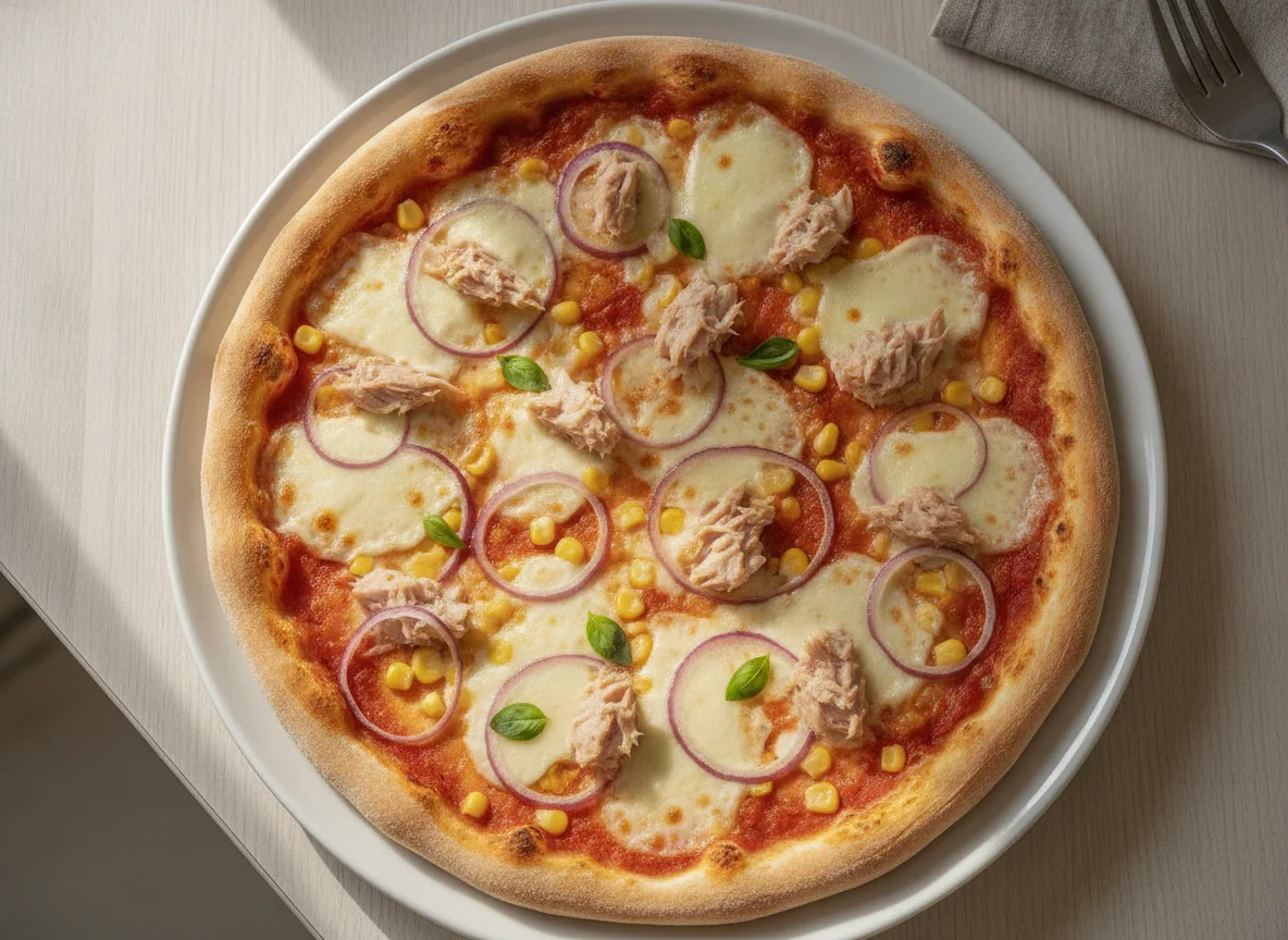 Pizza mit Thunfisch, Zwiebeln und Mais photo