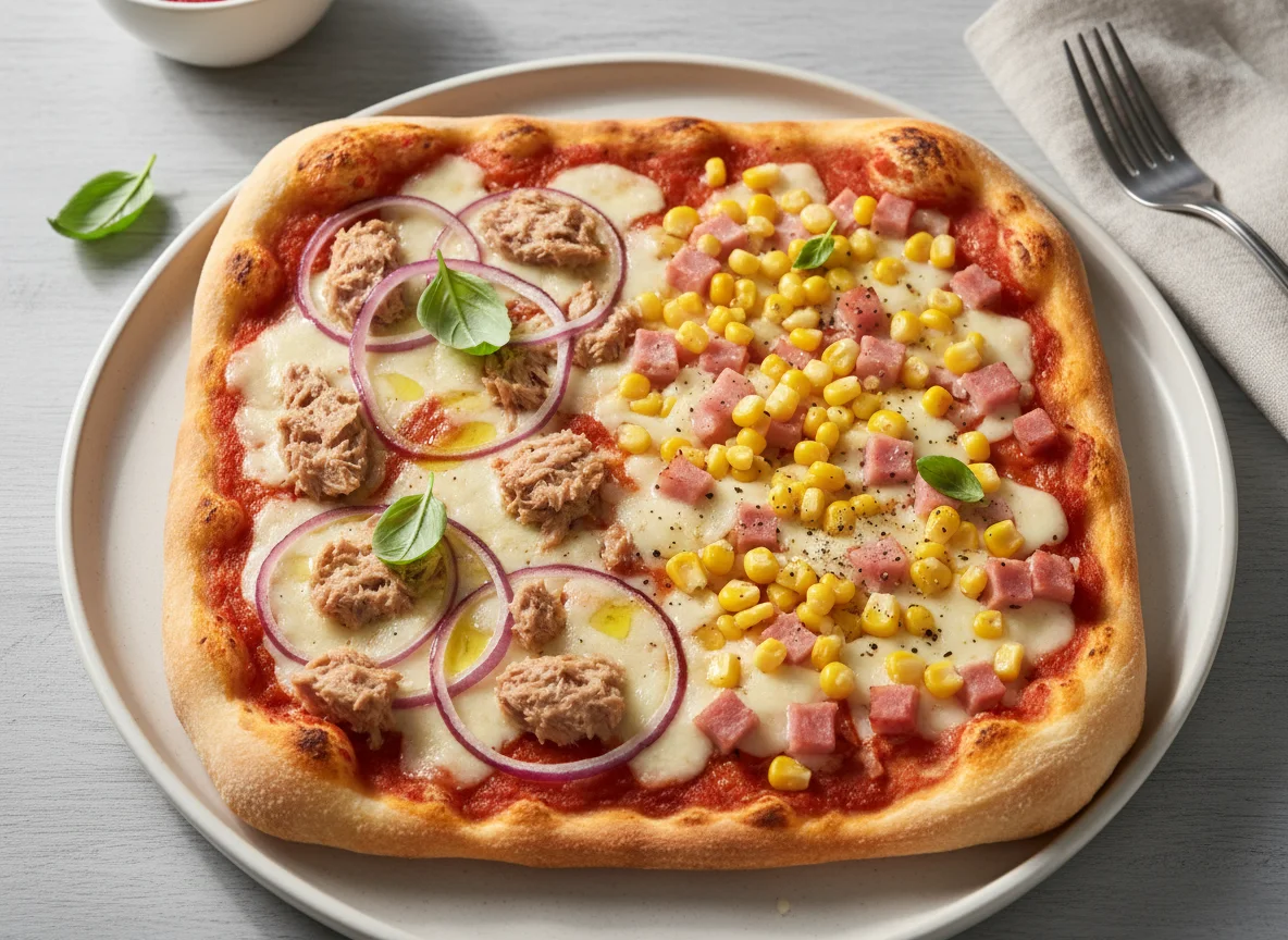 Pizza mit Thunfisch-Zwiebel und Schinken-Mais photo
