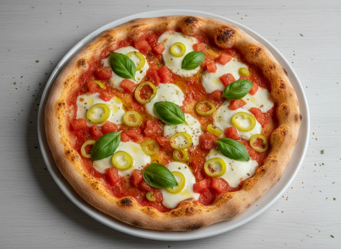 Pizza mit Tomaten, Mozzarella, Peperoni und Basilikum photo