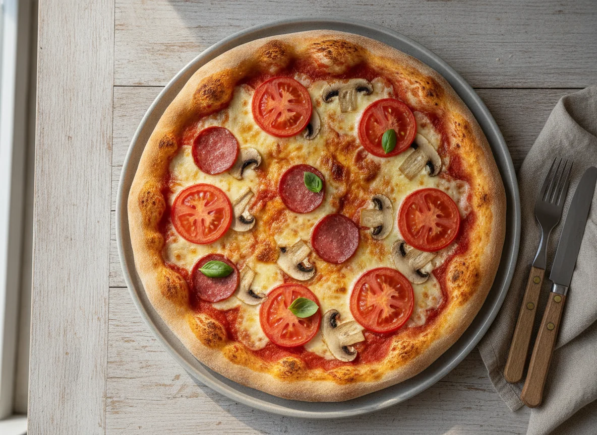 Pizza mit Tomaten, Pilzen und Salami photo