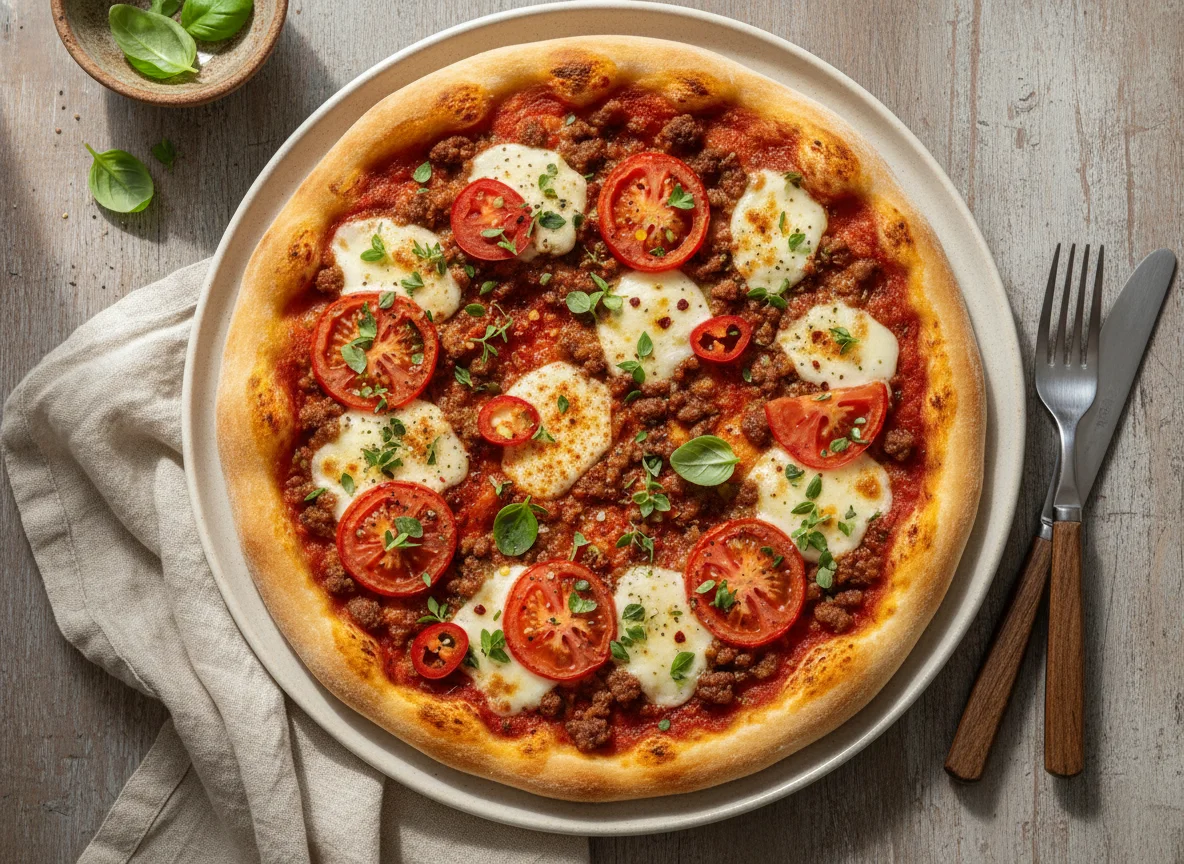 Pizza mit Tomaten und Hackfleisch photo