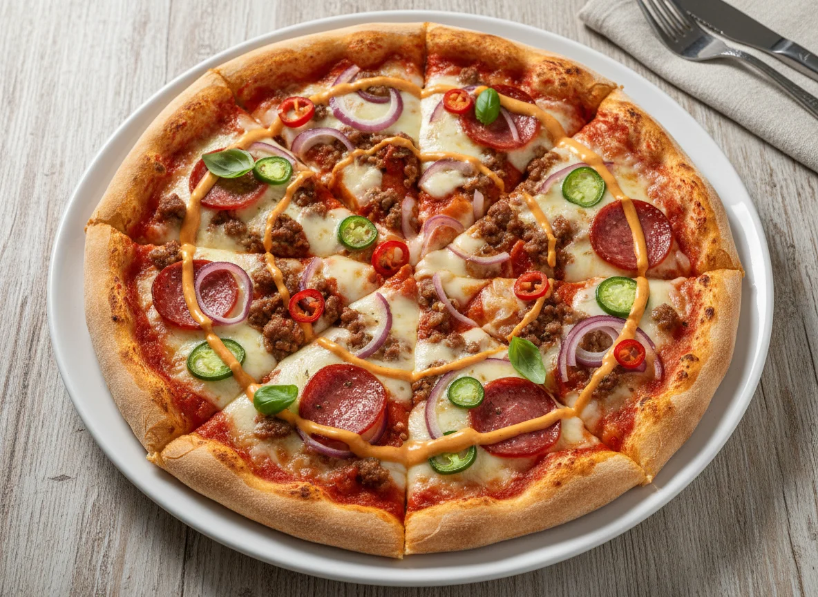 Pizza mit verschiedenen Belägen und Sauce photo