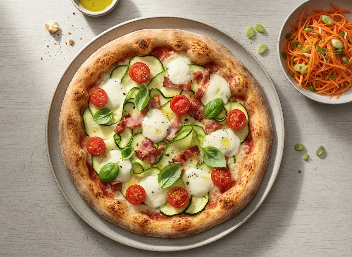 Pizza mit Zucchini, Speck und Basilikum mit Karottensalat photo