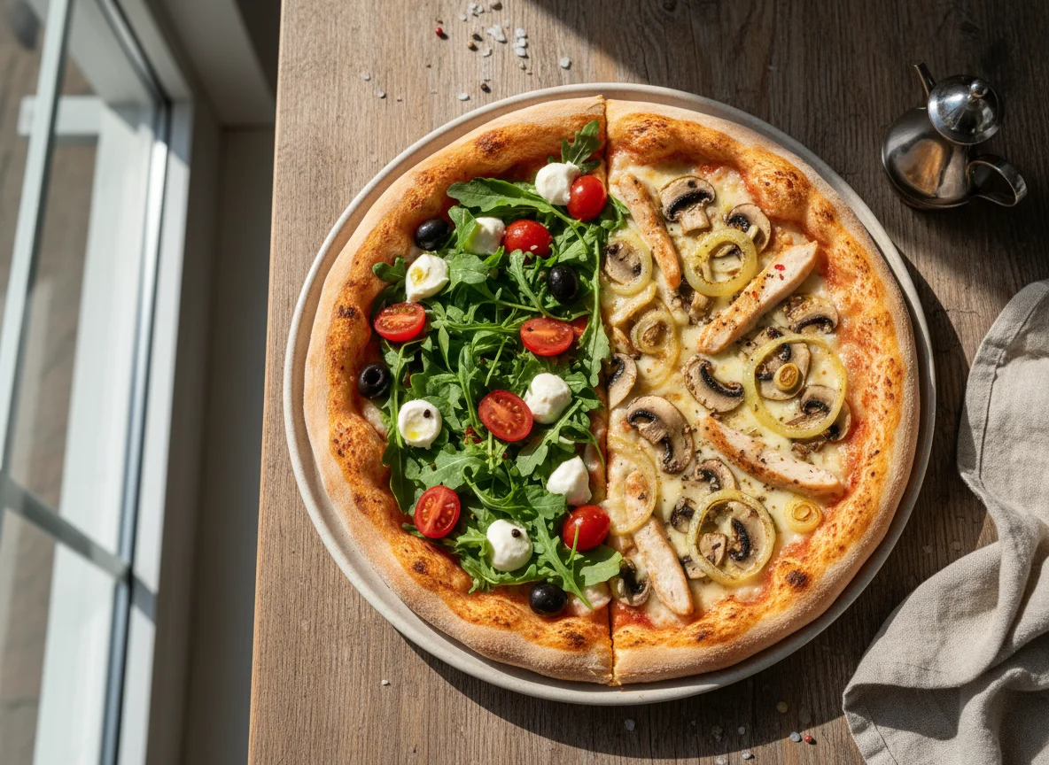 Pizza mit zwei Hälften (Rucola-Tomate und Pilz-Zwiebel-Hähnchen) photo