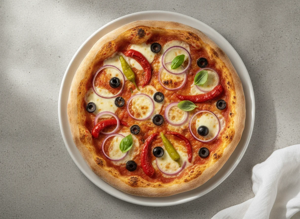 Pizza mit Zwiebeln, Oliven und Peperoni photo