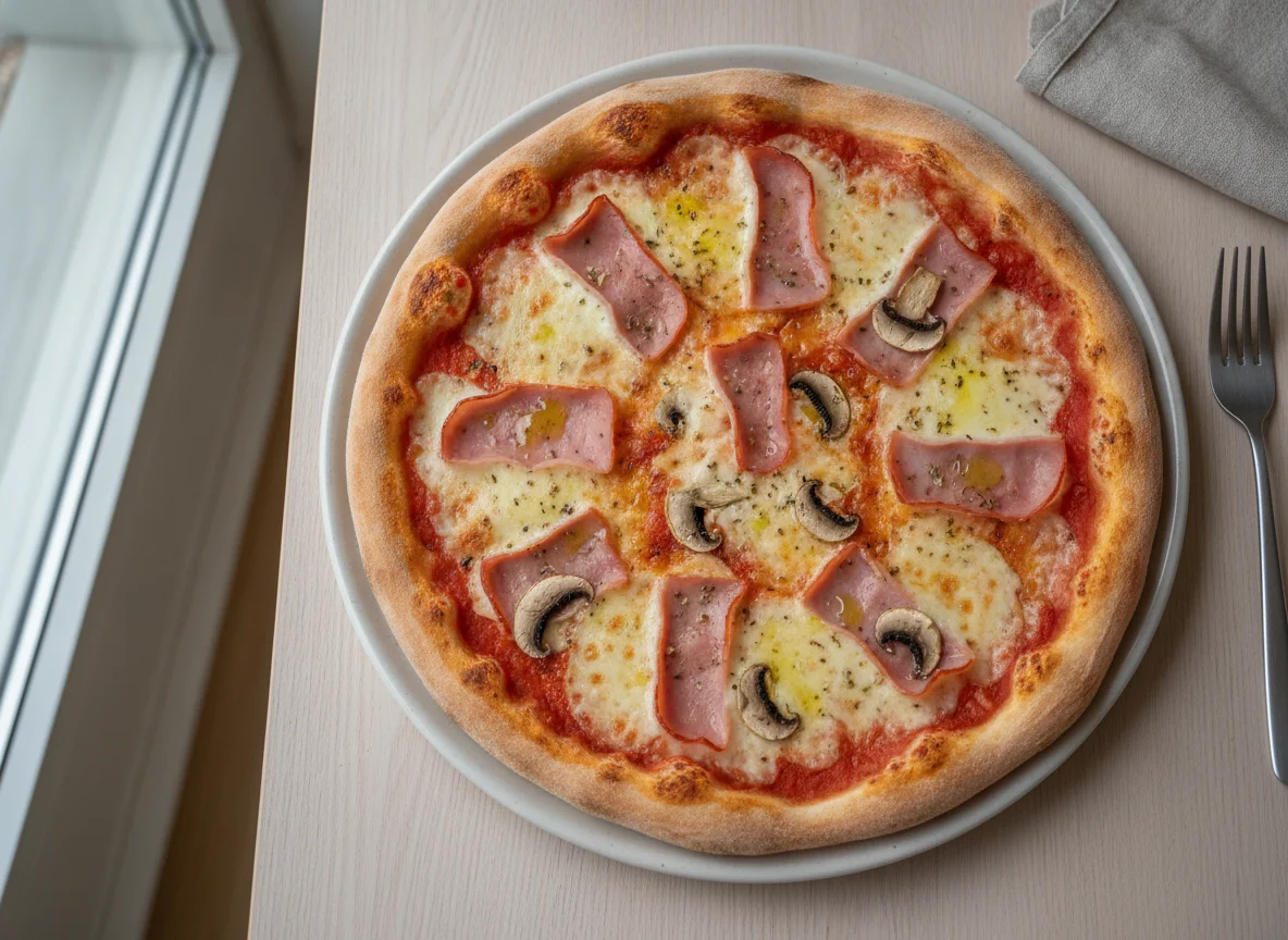 Pizza Regina mit Schinken und Champignons photo
