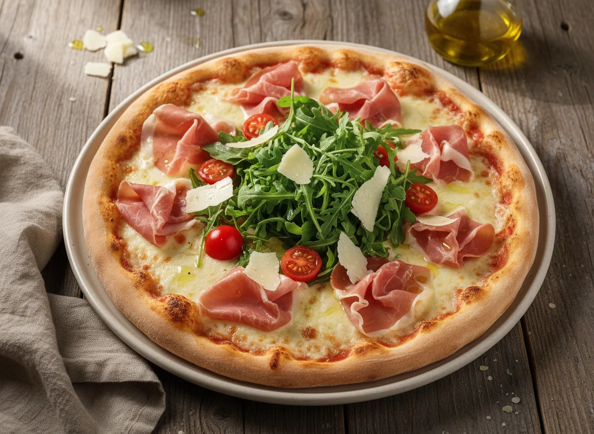 Pizza Rucola mit Parmaschinken und Parmesan photo