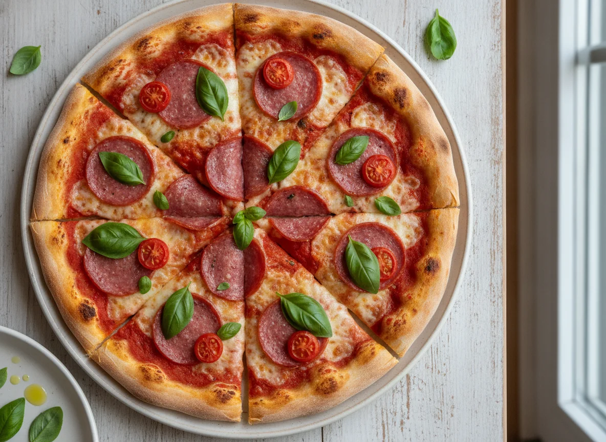 Pizza Salami mit Basilikum photo