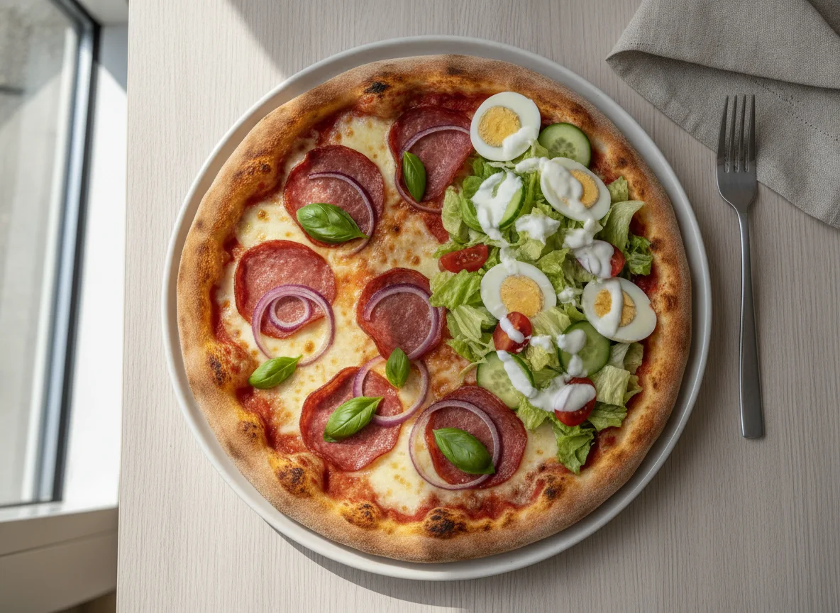 Pizza Salami mit gemischtem Salat photo