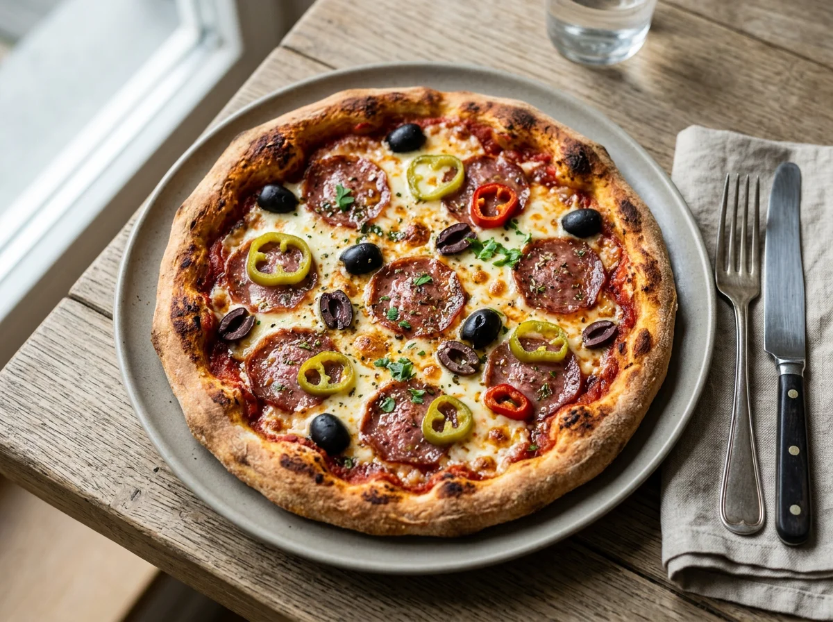 Pizza Salami mit Oliven und Peperoni photo