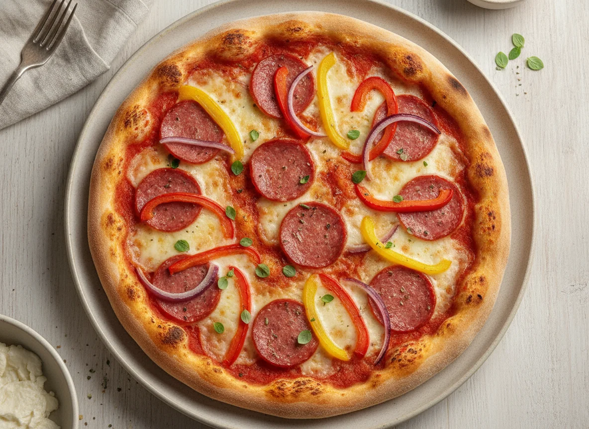 Pizza Salami mit Paprika und Zwiebeln photo