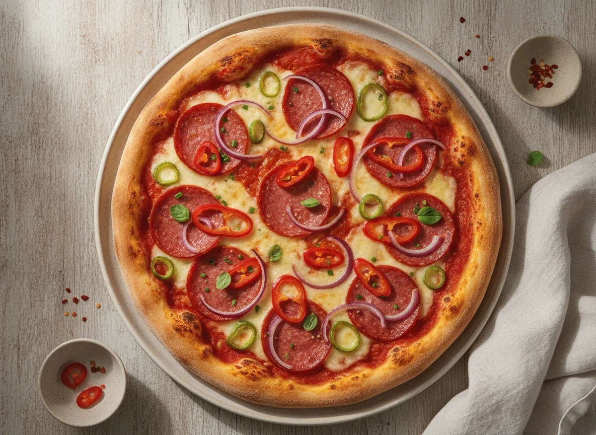 Pizza Salami mit Peperoni und Zwiebeln photo