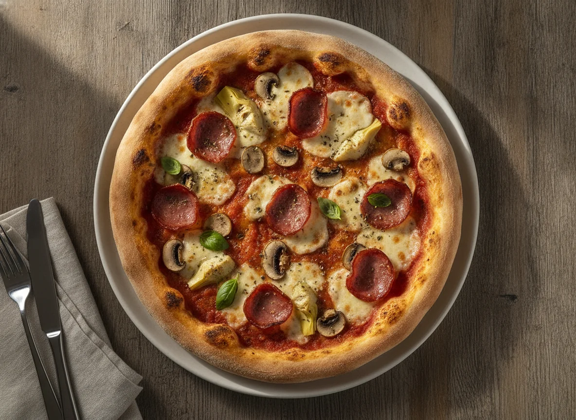 Pizza Salami mit Pilzen und Artischocken photo