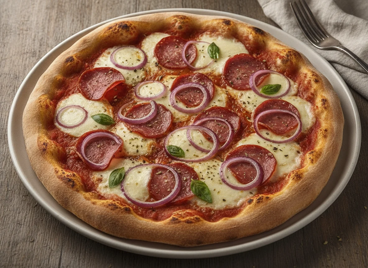 Pizza Salami mit roten Zwiebeln photo