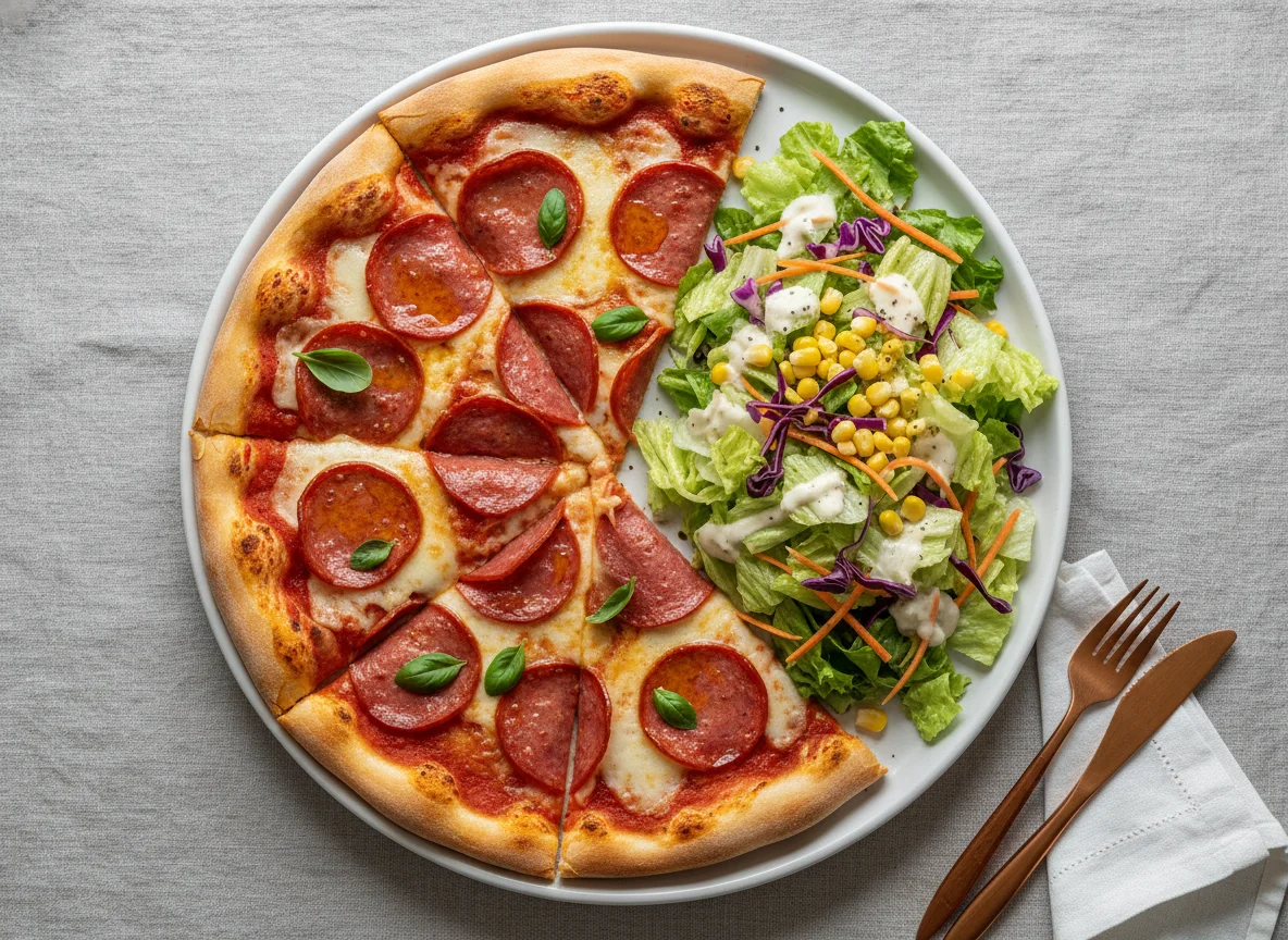 Pizza Salami und gemischter Salat photo