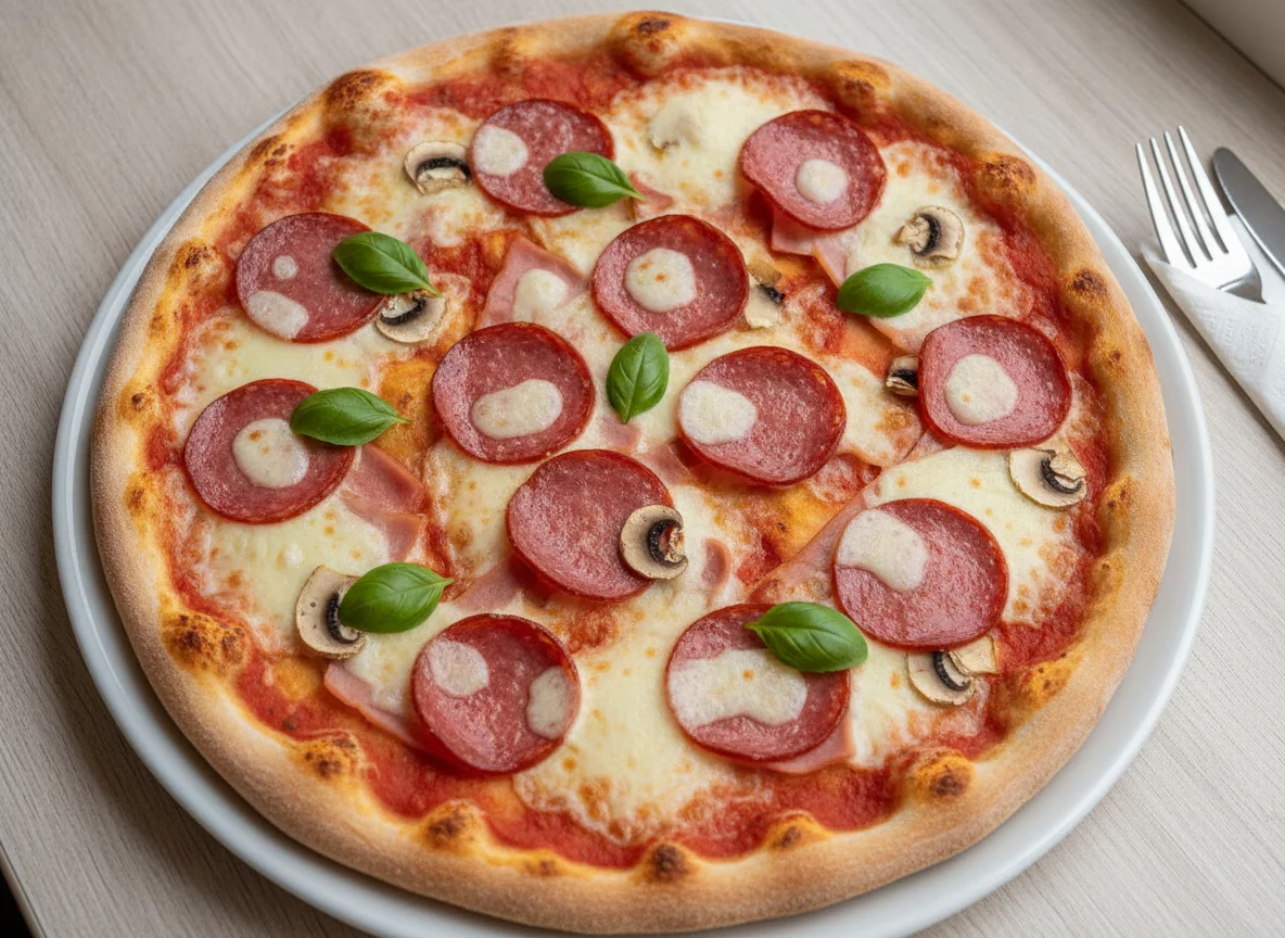 Pizza Salami und Schinken mit Pilzen photo