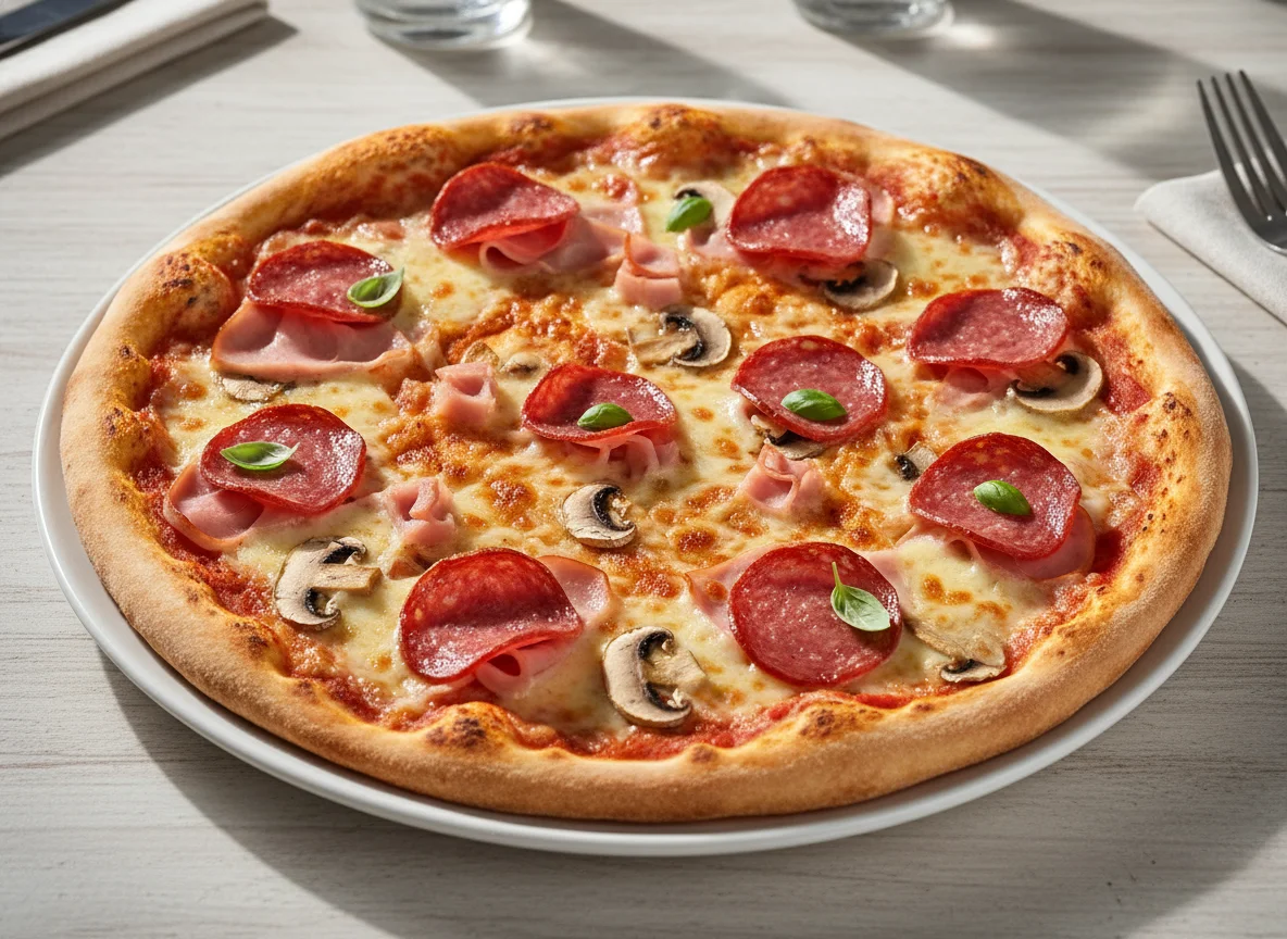 Pizza Salami und Schinken mit Pilzen von Dr. Oetker photo