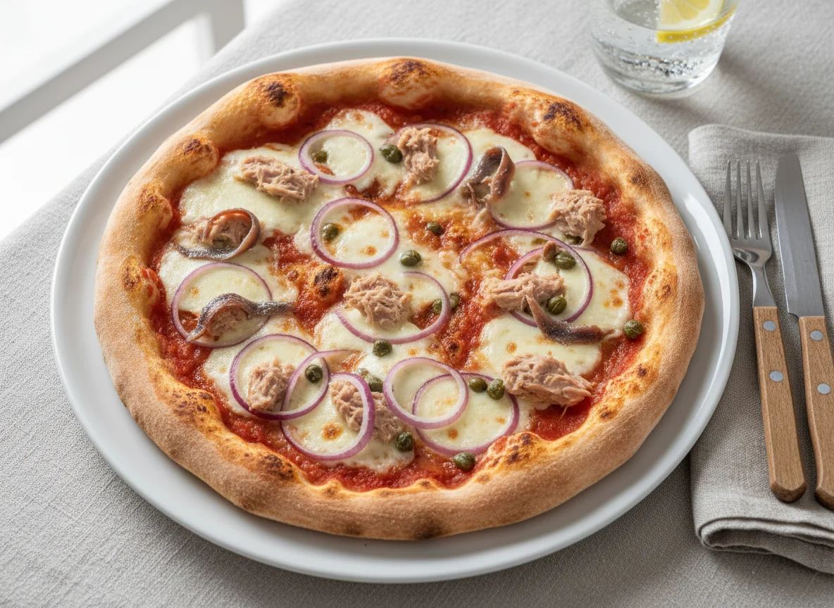 Pizza Tonno mit Zwiebeln und Kapern photo