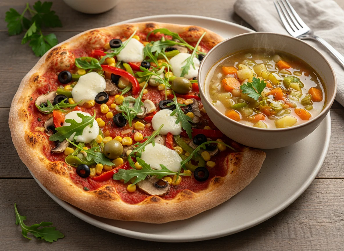 Pizza und Gemüsesuppe photo