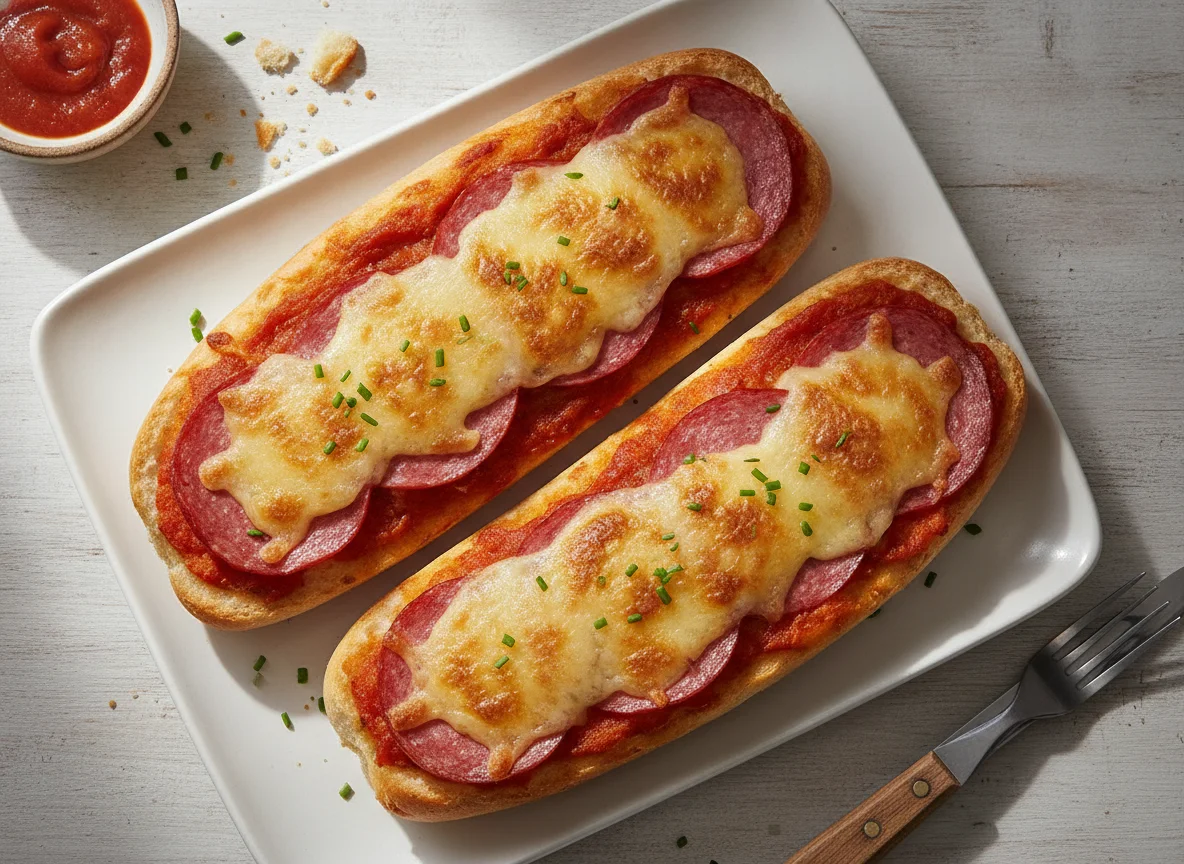 Pizza-Baguette mit Salami und Käse photo