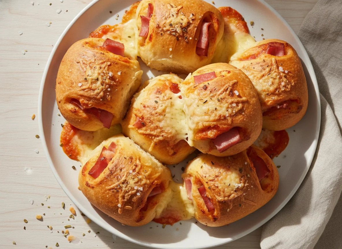 Pizzabrötchen gefüllt mit Schinken und Käse photo