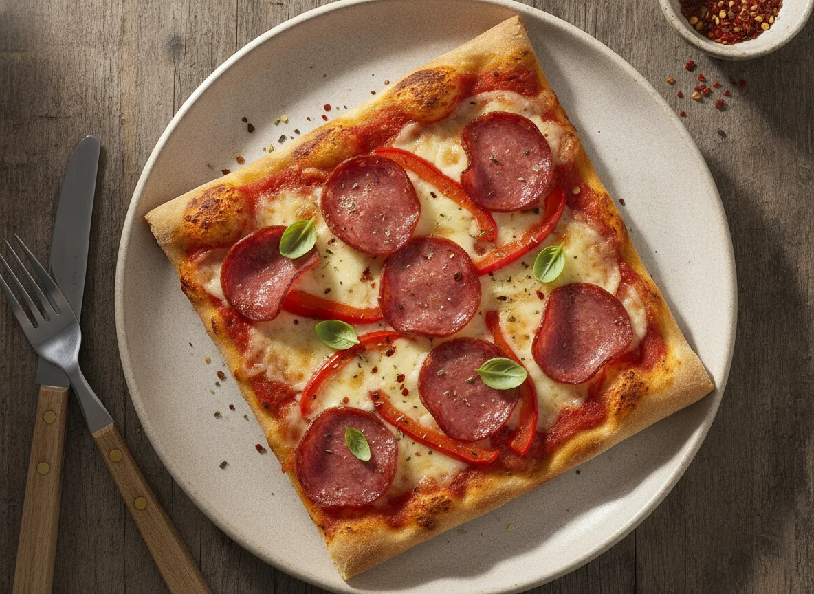 Pizza-Schnitte mit Salami und Paprika photo