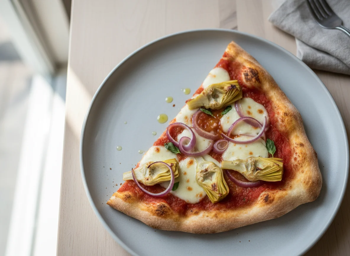 Pizzastück mit Artischocken und Zwiebeln photo