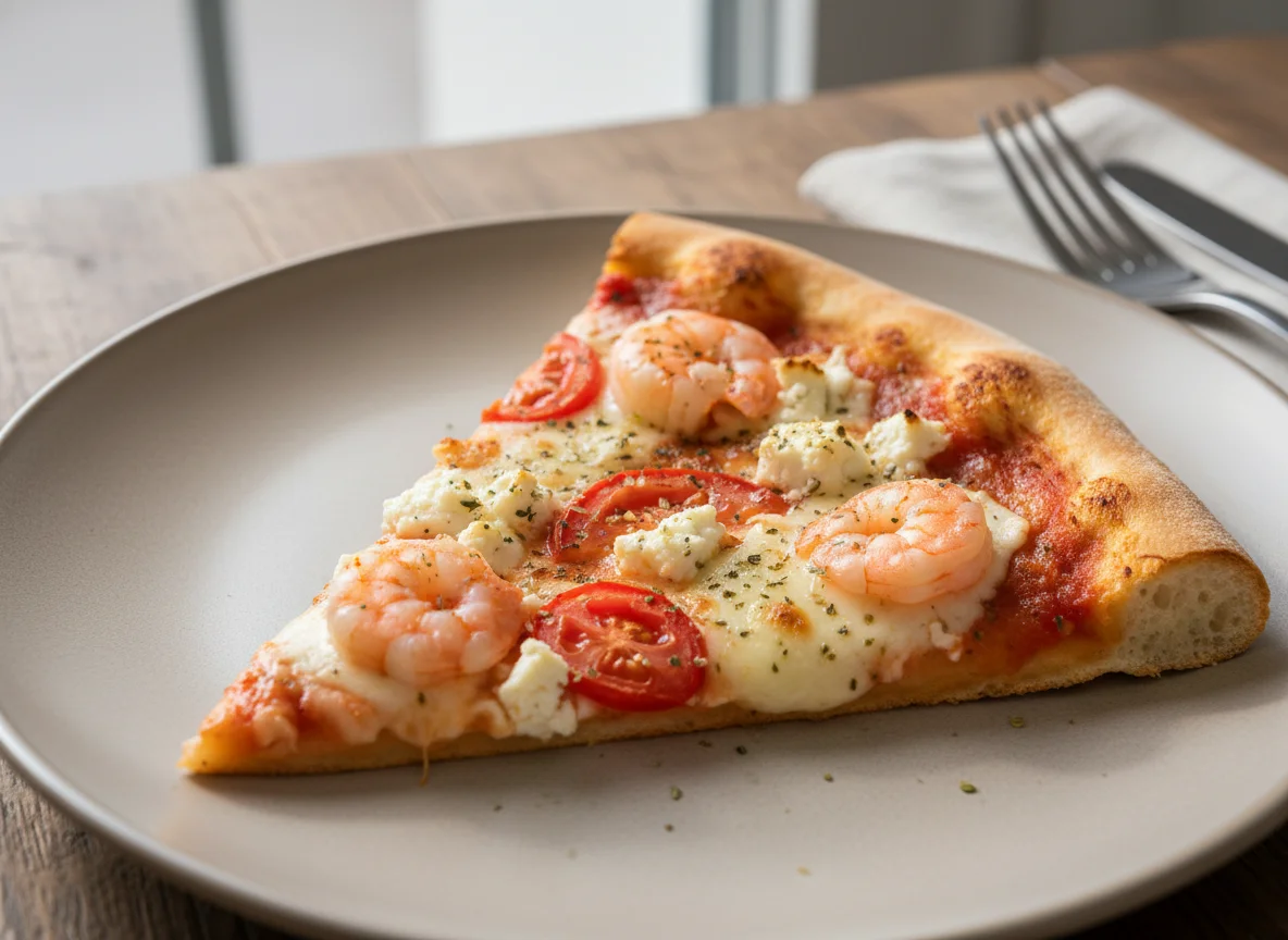 Pizzastück mit Garnelen, Feta und Tomate photo